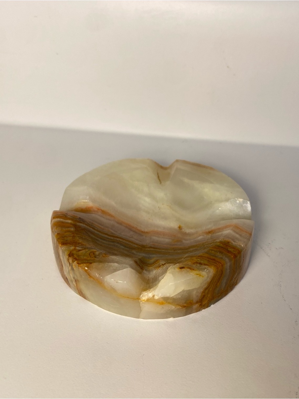 Vintage Alabaster Onyx Ashtray Banded Stone Dish 3”